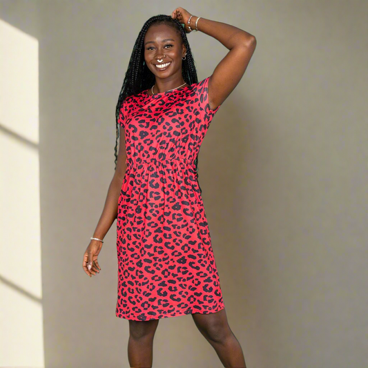 The Knee Length Breastfeeding Dress - Red Leopard Print