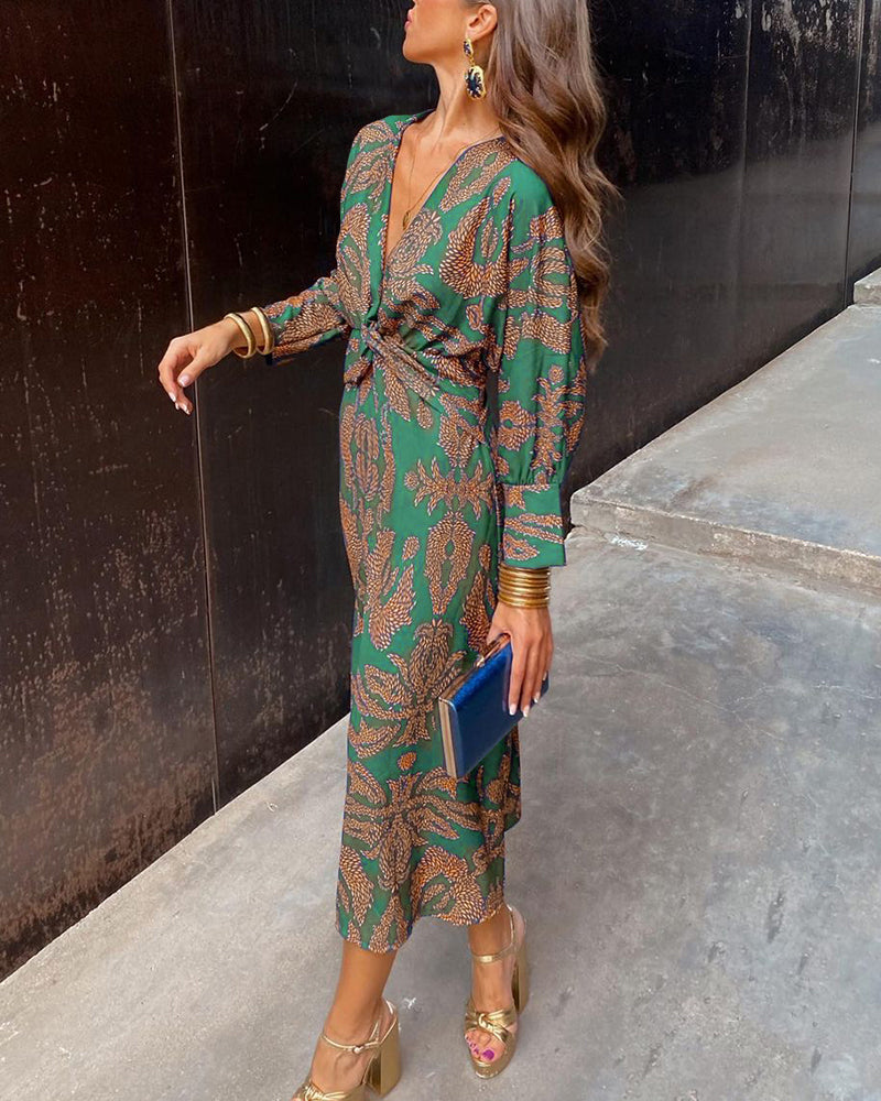 Sophia | Vintage Printed V-Neck Long-sleeve Elegant Dress