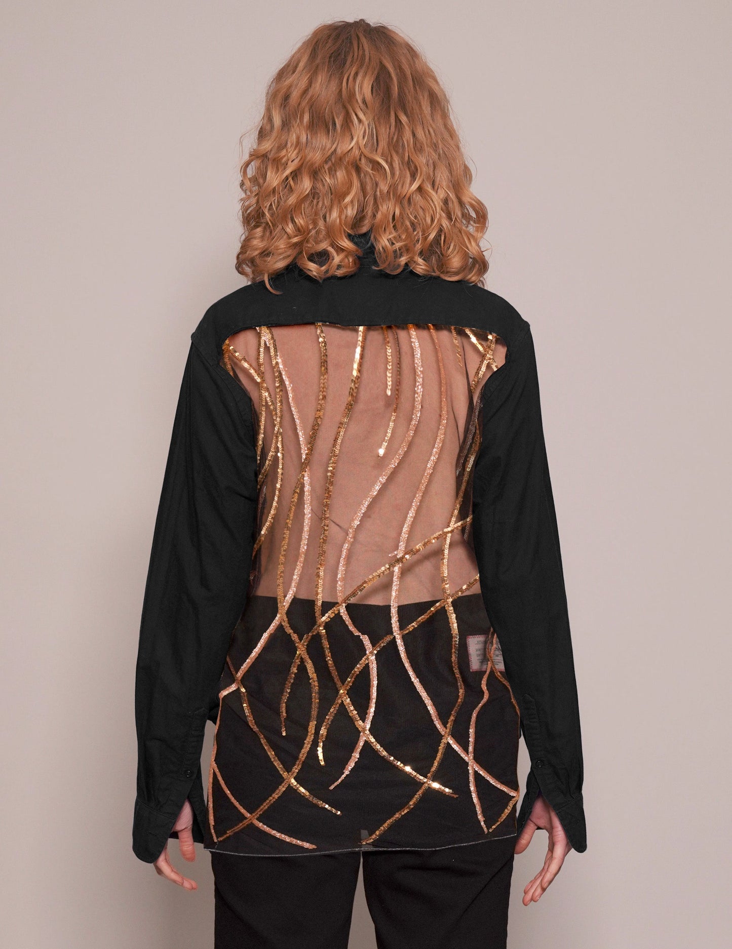 Party Back Shirt - Gold Lines Sequin - Black Cotton