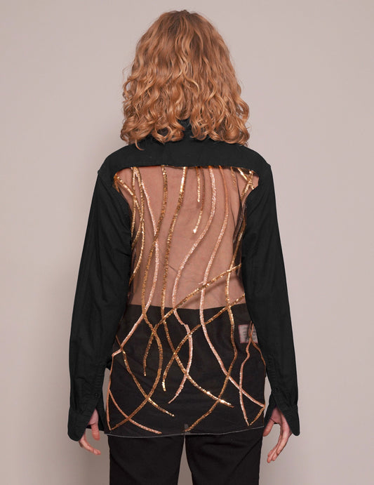 Party Back Shirt - Gold Lines Sequin - Black Cotton