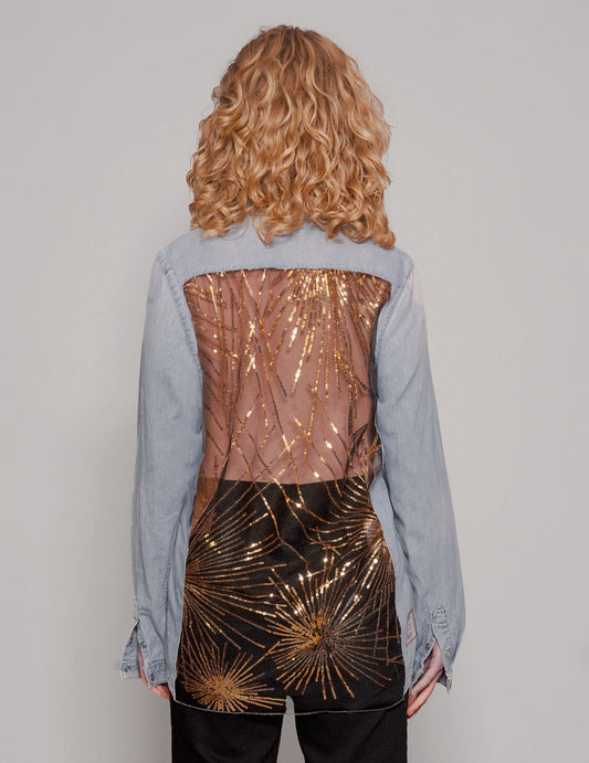 Party Back Shirt - Gold Star Sequin - Light Blue Denim