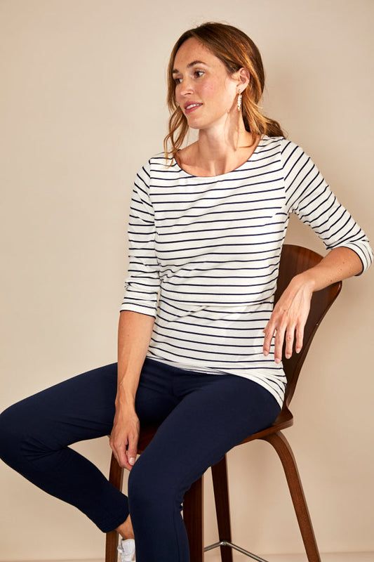 Nursing 3/4th Sleeve T-shirt in White/Navy Stripes