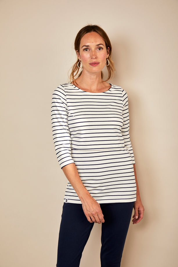 Nursing 3/4th Sleeve T-shirt in White/Navy Stripes