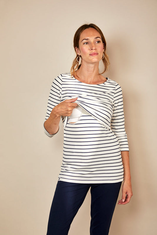 Nursing 3/4th Sleeve T-shirt in White/Navy Stripes