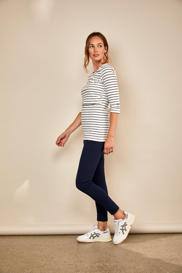 Nursing 3/4th Sleeve T-shirt in White/Navy Stripes