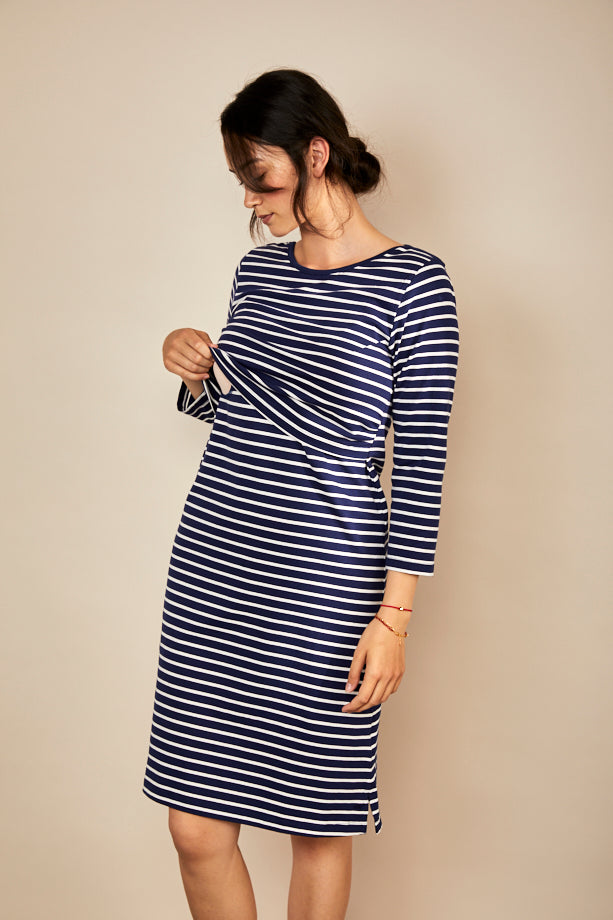 Nursing dress in Navy/White Stripe