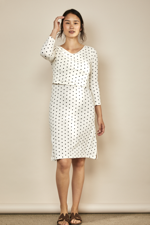 Nursing dress in White/Black Spots