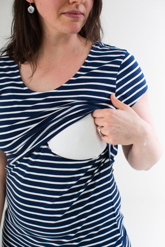 Nursing short sleeve t-shirt in Navy/White Stripes