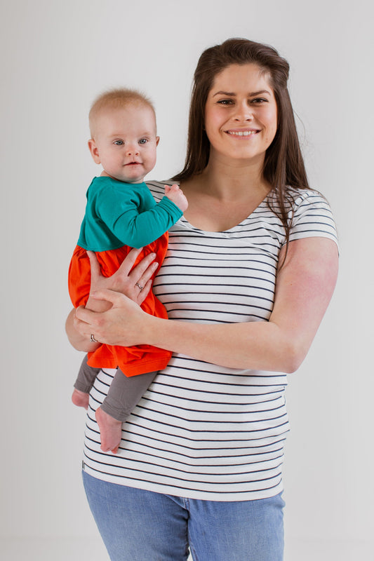 Nursing short sleeve t-shirt in White/Navy Stripes
