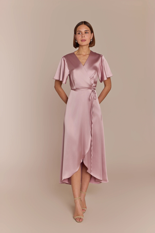 Florence Waterfall Dress in Rose Pink Satin