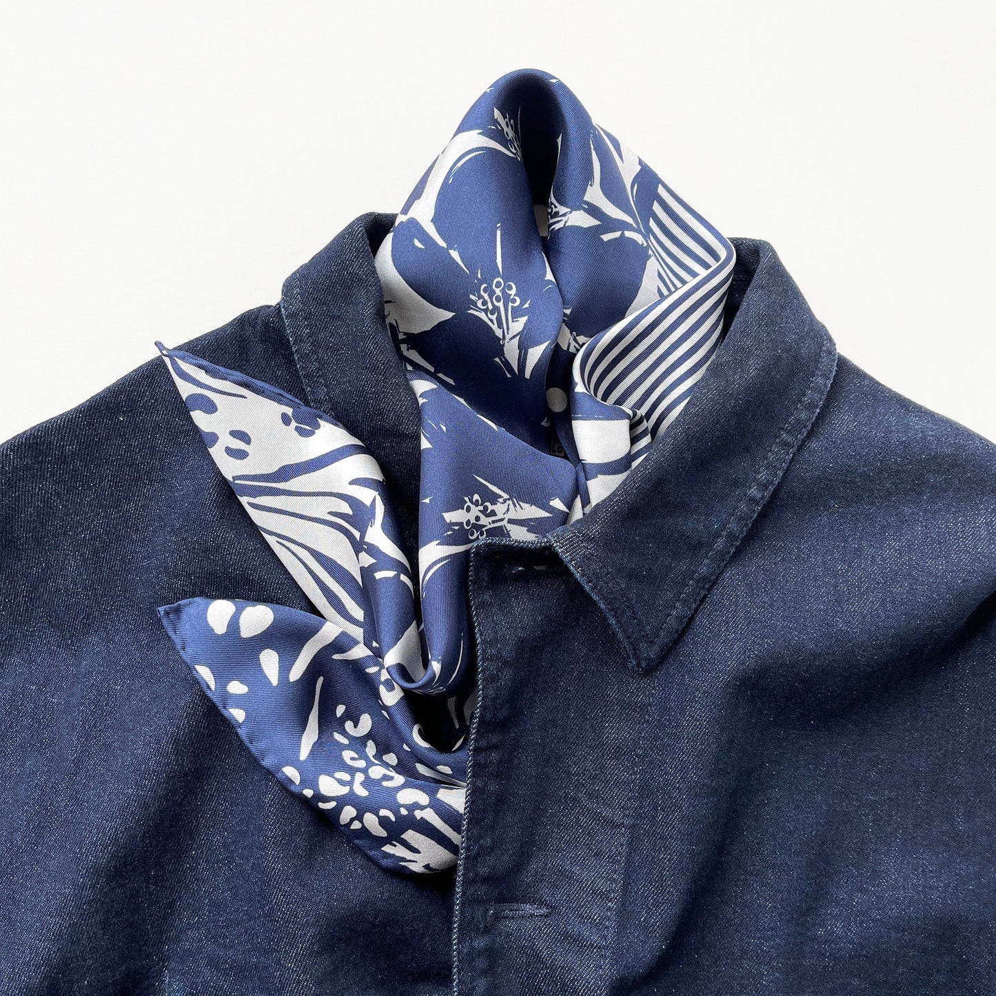 Navy Floral & Dots Silk Scarf Bandana – 65cm for Women