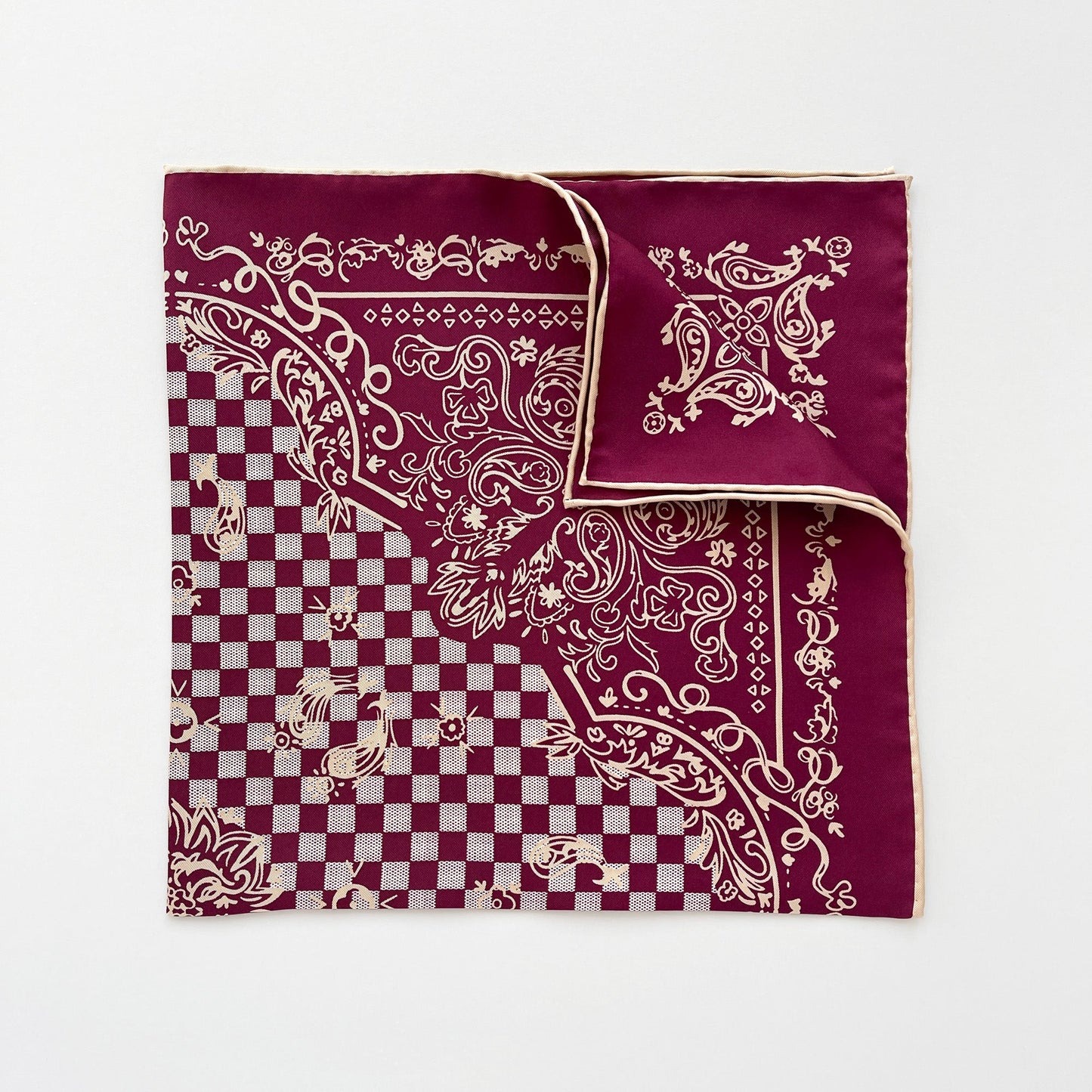 Baroque Check Silk Scarf - 53cm Hand-rolled Women's Bandana Neck Scarf