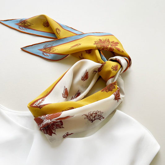 Yellow Floral Print Diamond Silk Scarf – 100% Silk Crêpe de Chine