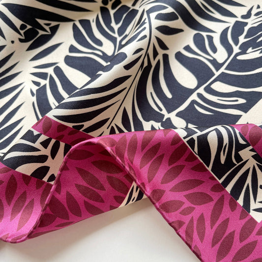 Black Beige Leafy Silk Scarf - 65cm Double-Sided Print Bandana Scarf with Hand-Rolled Edges