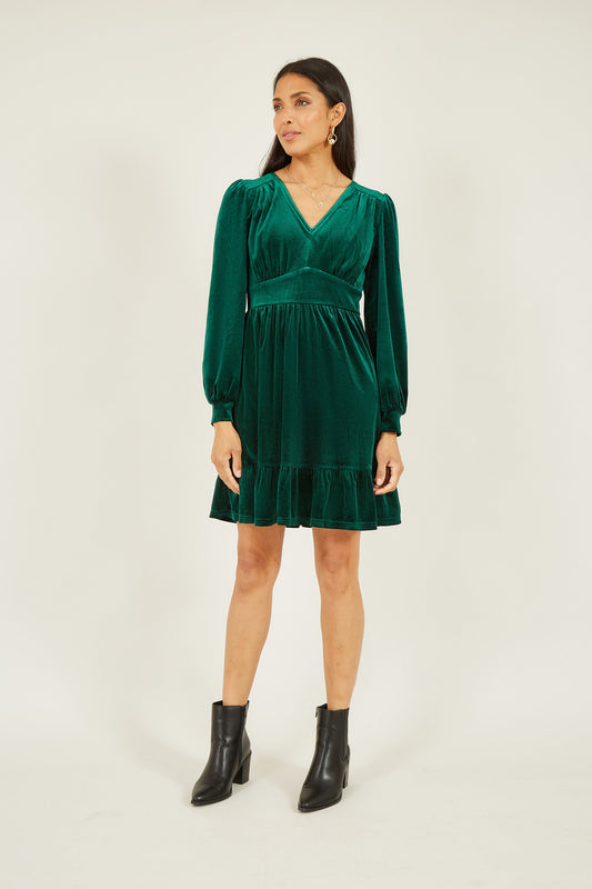 Yumi Green Velvet Long Sleeve Skater Dress
