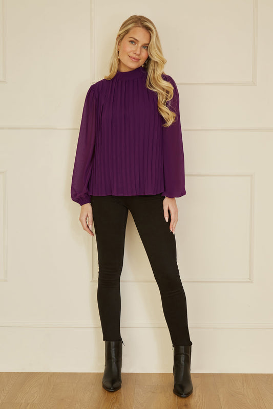 Yumi Plum Pleated Long Sleeve Top With High Neck