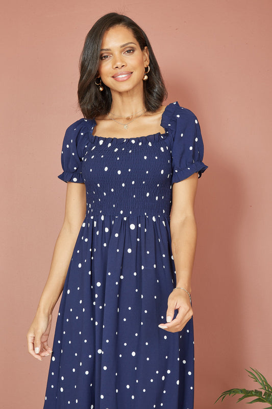 Yumi Navy Spot And Floral Print Border Ruched Midi Dress