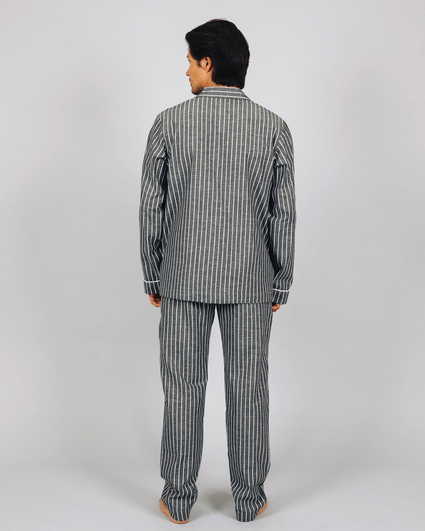 Mens Long Pyjamas - Chambray Black Stripe