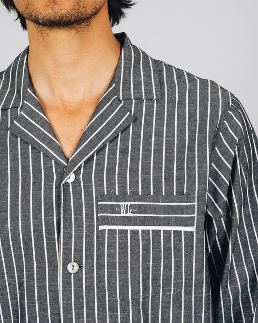 Mens Long Pyjamas - Chambray Black Stripe