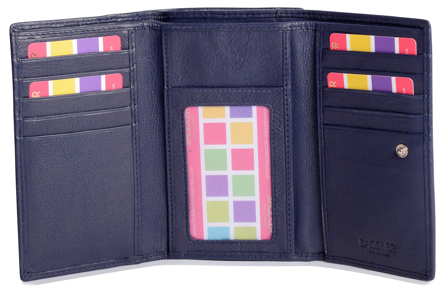 SADDLER PAULA Handmade Leather Trifold Purse – RFID Protected | 8 Card Slots, ID Window & Rear Zip Pocket | Gift Boxed