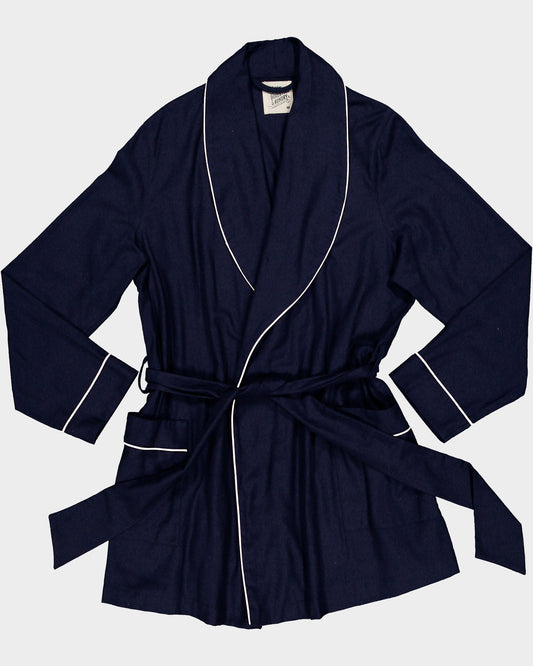 Women's Flannel Dressing Gown - Navy with White Piping