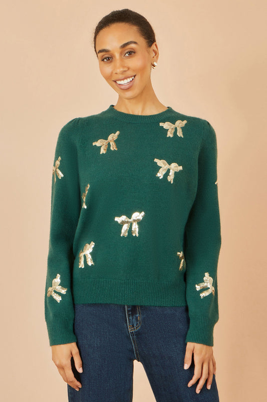 Yumi Green Sequin All Over Applique Bow Knitted Jumper