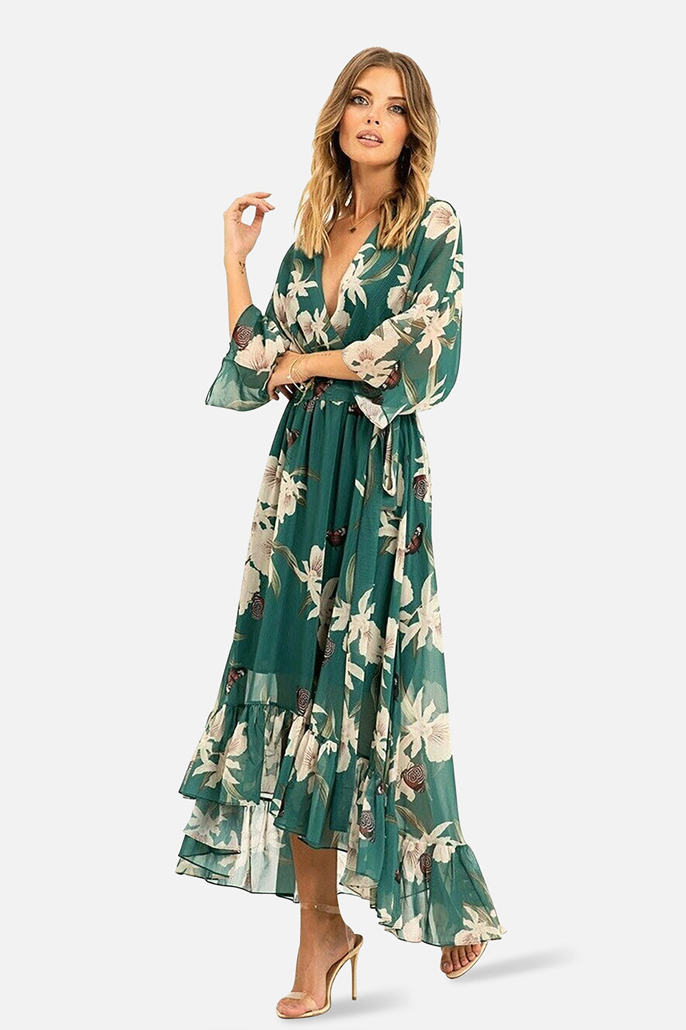 Green Floral Kimono Sleeves Dip Hem Wrap Midi Dress