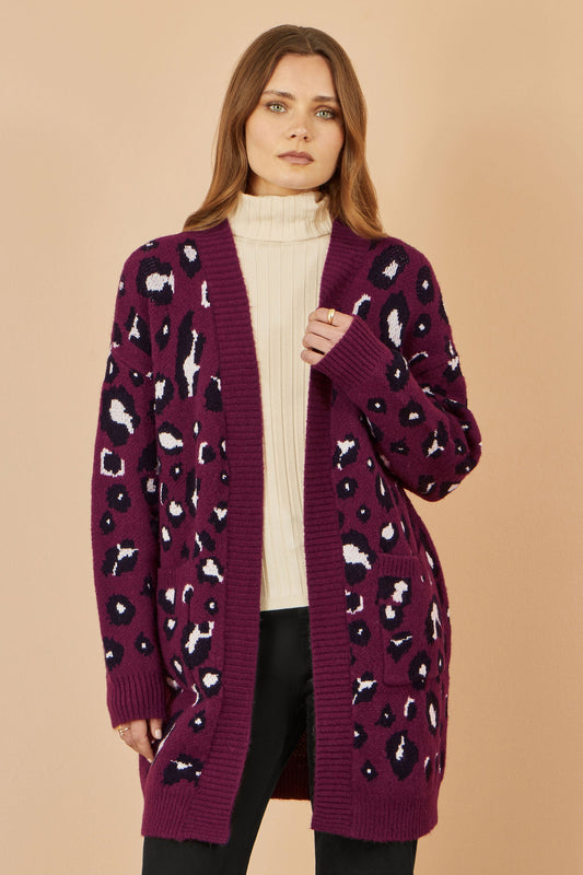Yumi Burgundy Animal Intarsia Long Cardigan
