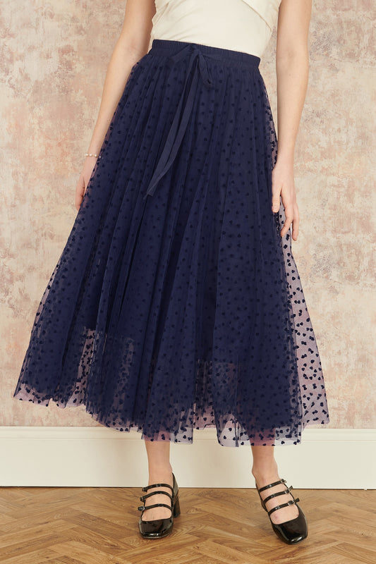 Yumi Navy Mesh Heart Print Tulle Skirt