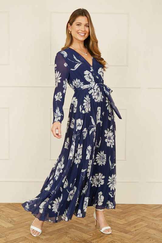 Yumi Navy Floral Pleated Midi Wrap Long Sleeve Dress