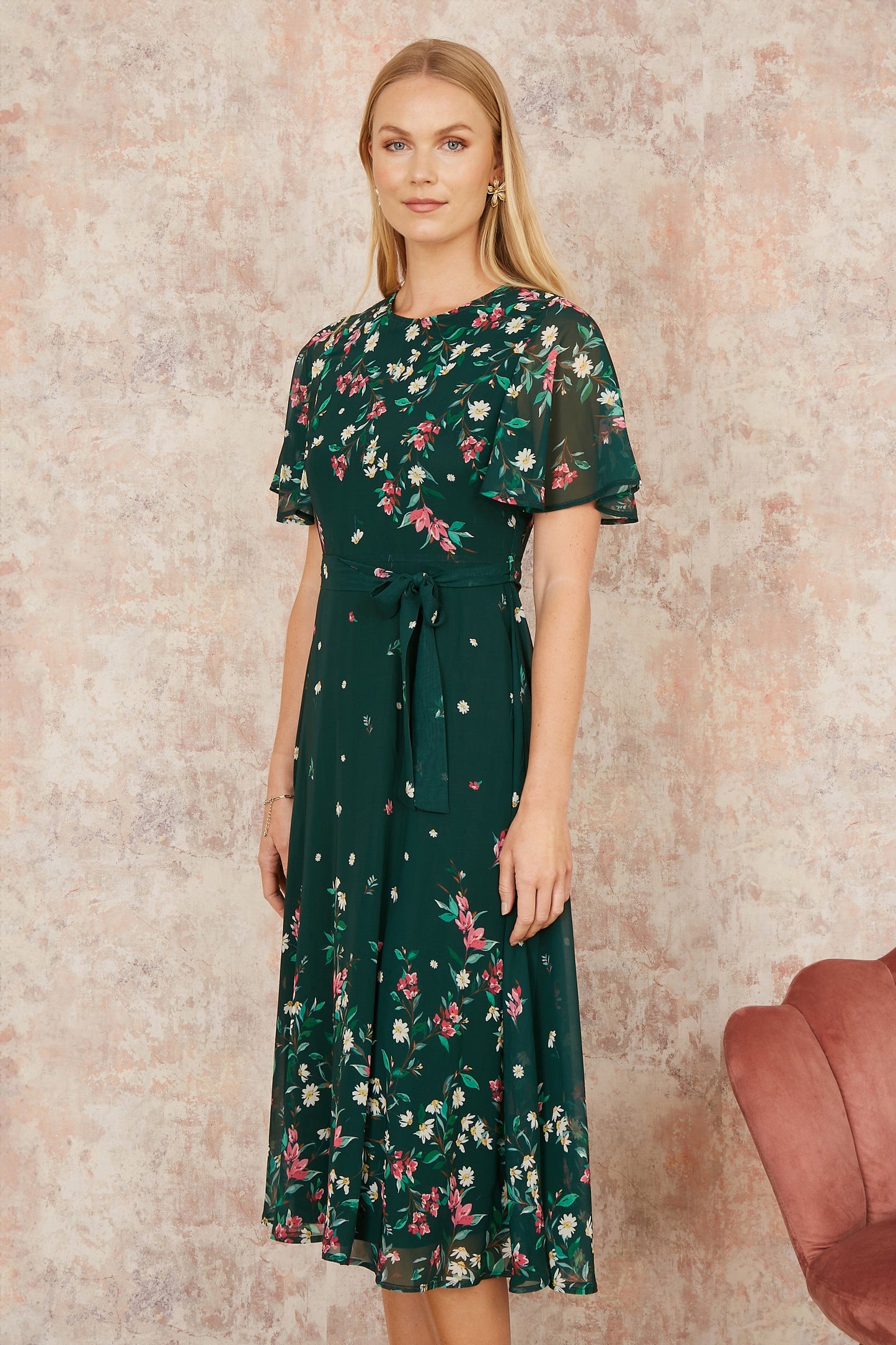 Yumi Green Daisy Mirror Placement Skater Dress With Angel Sleeves