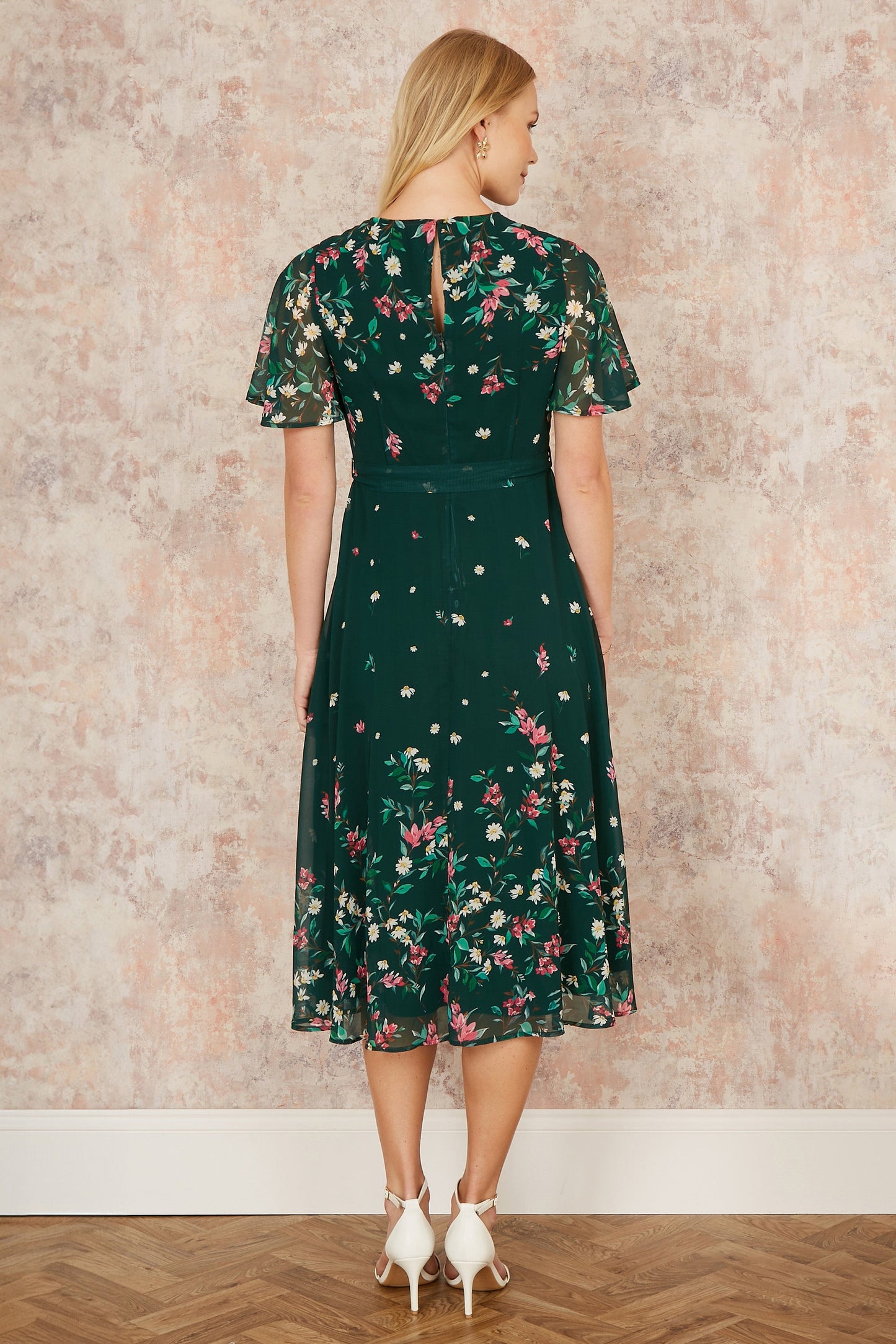 Yumi Green Daisy Mirror Placement Skater Dress With Angel Sleeves