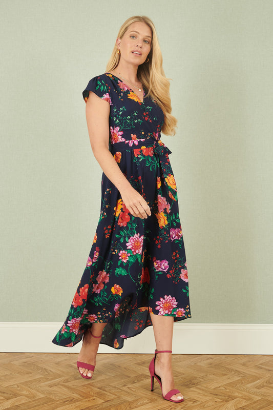 Yumi Navy Flower Print Wrap Midi Dress