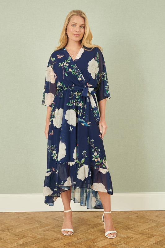 Yumi Navy Bird and Floral Print Midi Wrap Dress