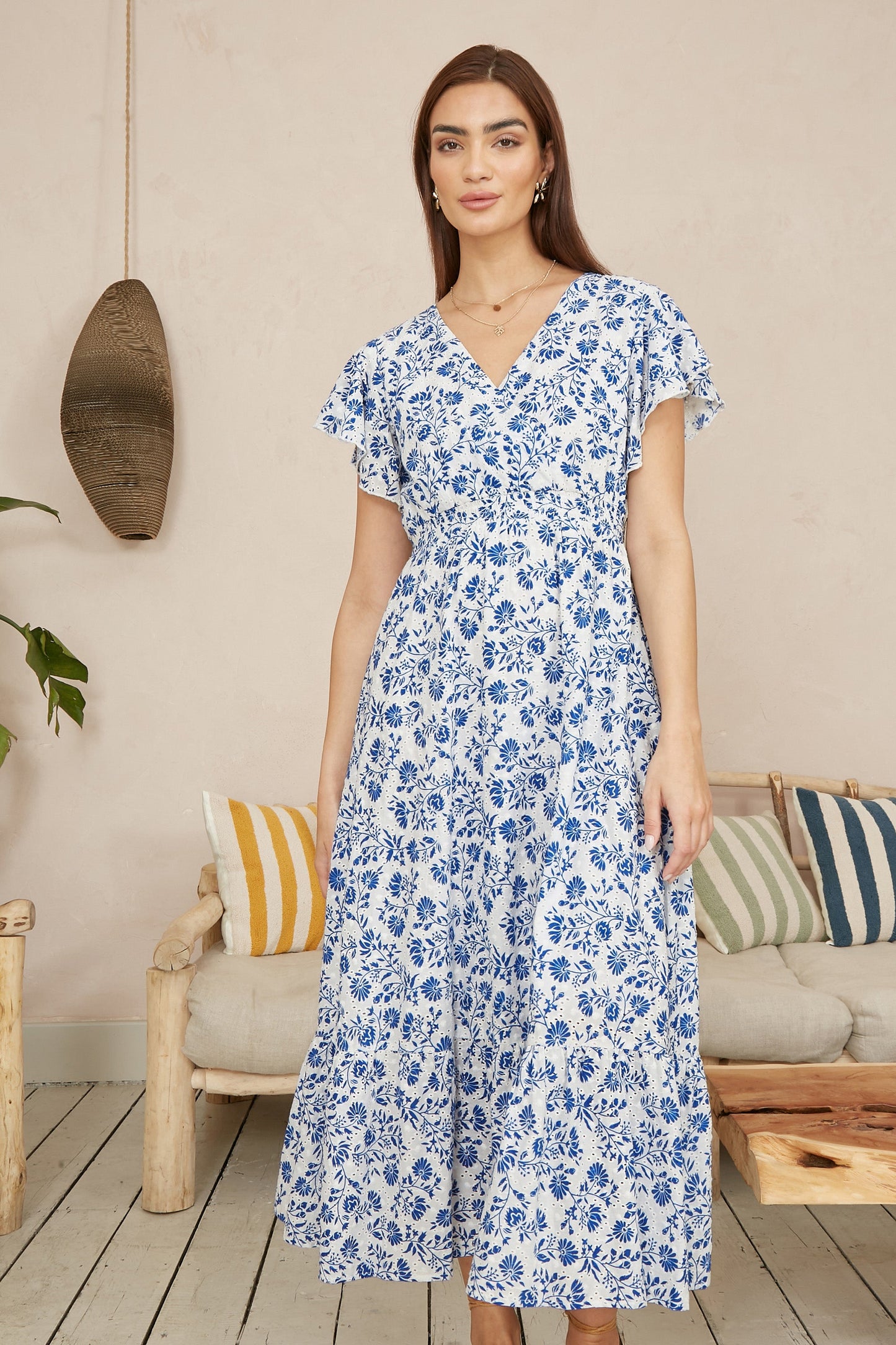 Yumi Blue Floral Printed Broderie Anglaise Ruched Waist Midi Dress