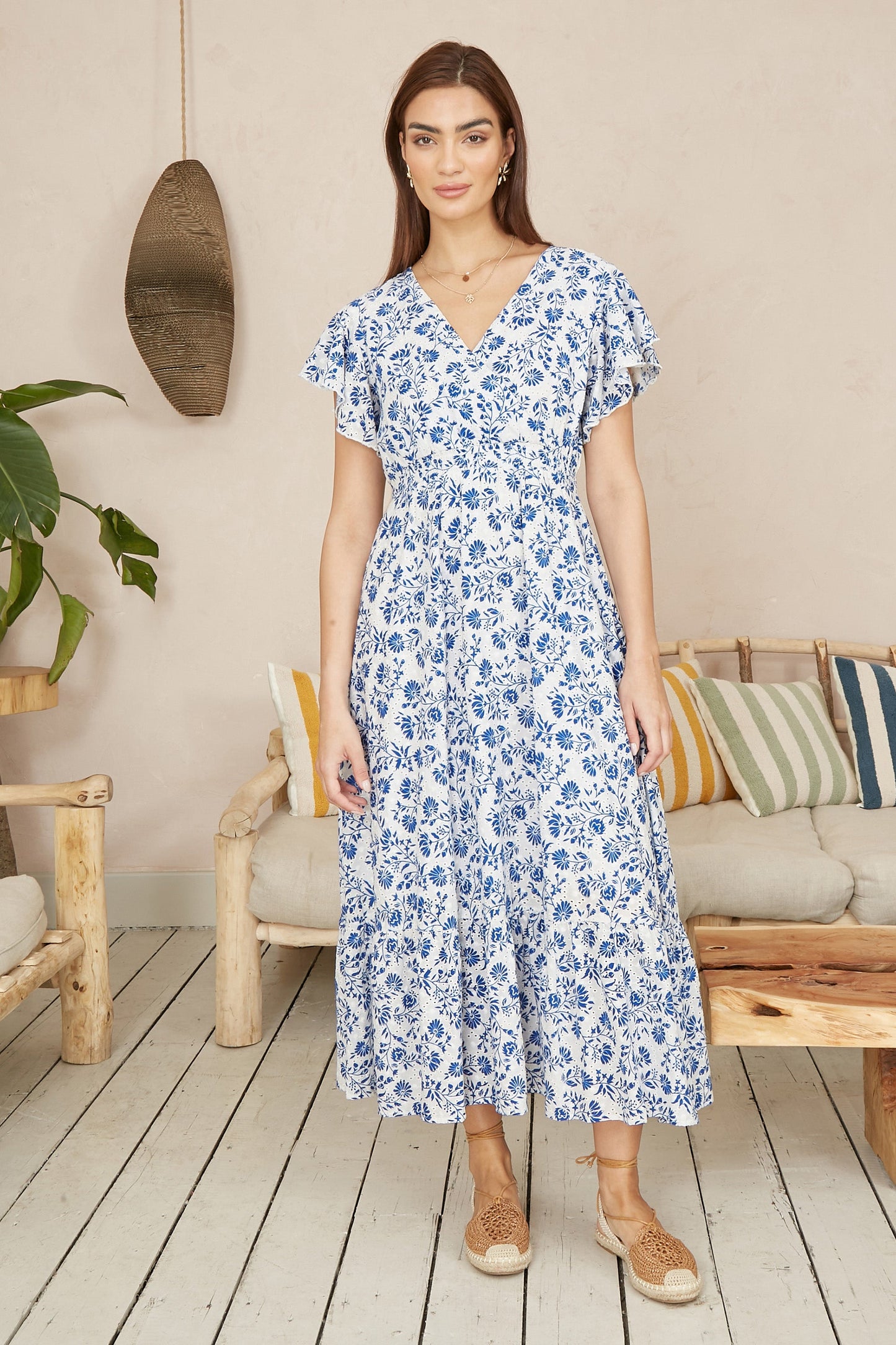 Yumi Blue Floral Printed Broderie Anglaise Ruched Waist Midi Dress