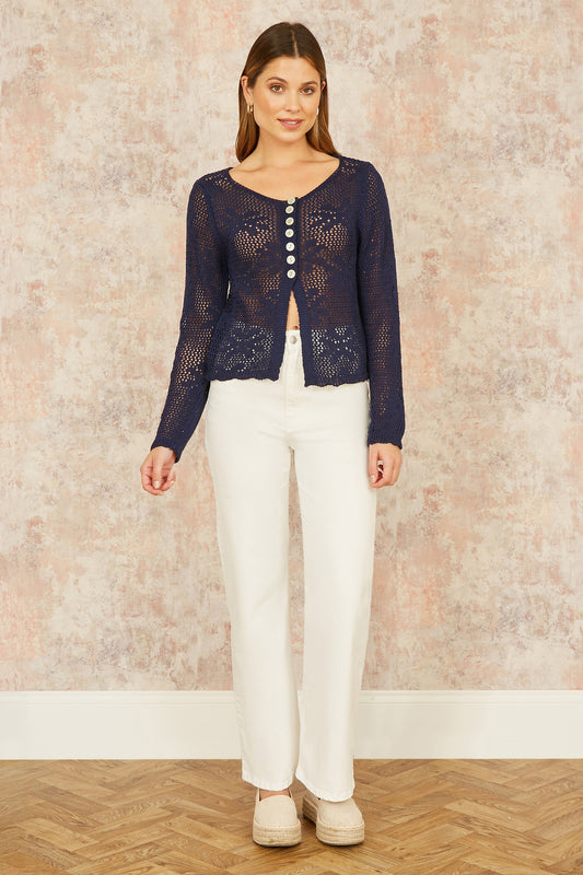Yumi Navy Flower Crochet Button Up Cardigan