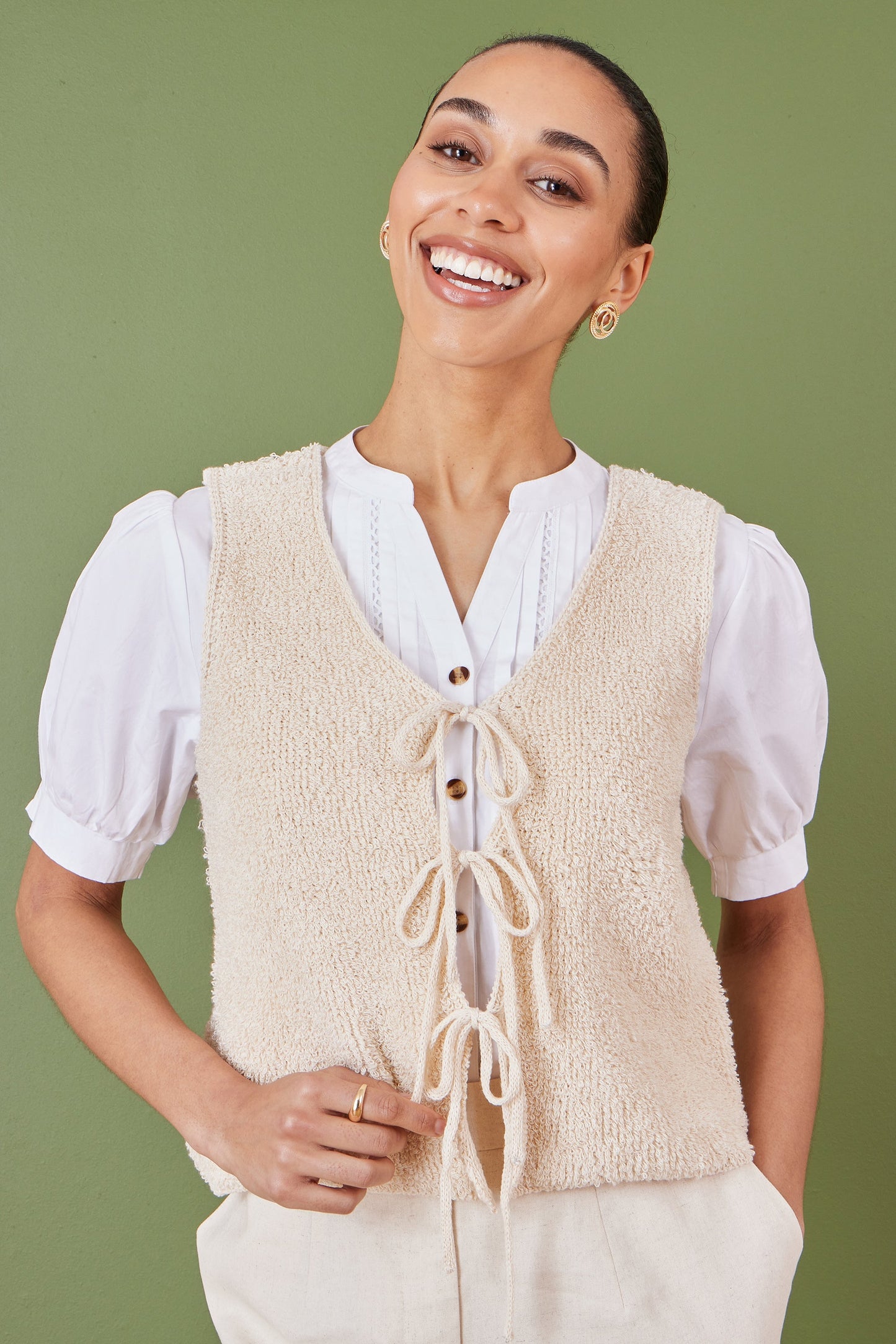 Yumi Beige Knitted Tie Detail Knitted  Waistcoat
