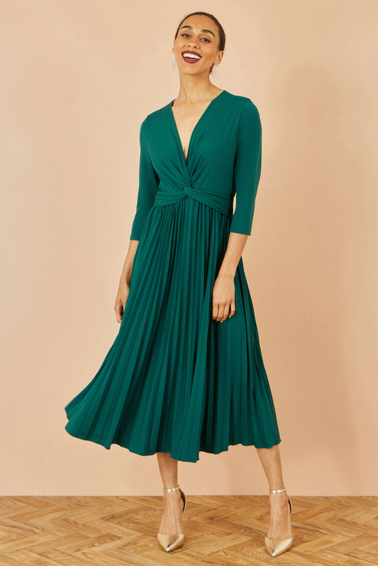 Yumi Green Jersey Knot Waist Pleated Midi Dress