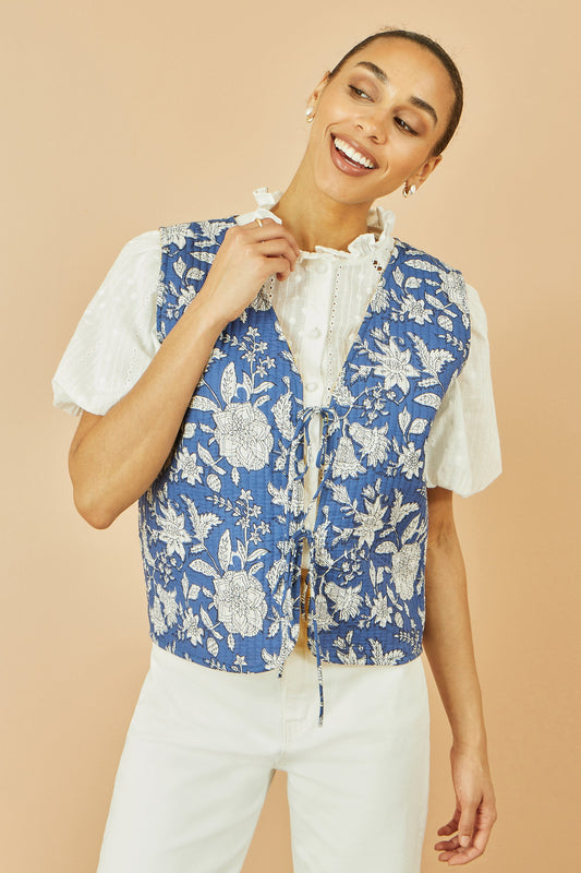 Yumi Blue Floral Reversible Cotton Quilted Waistcoat
