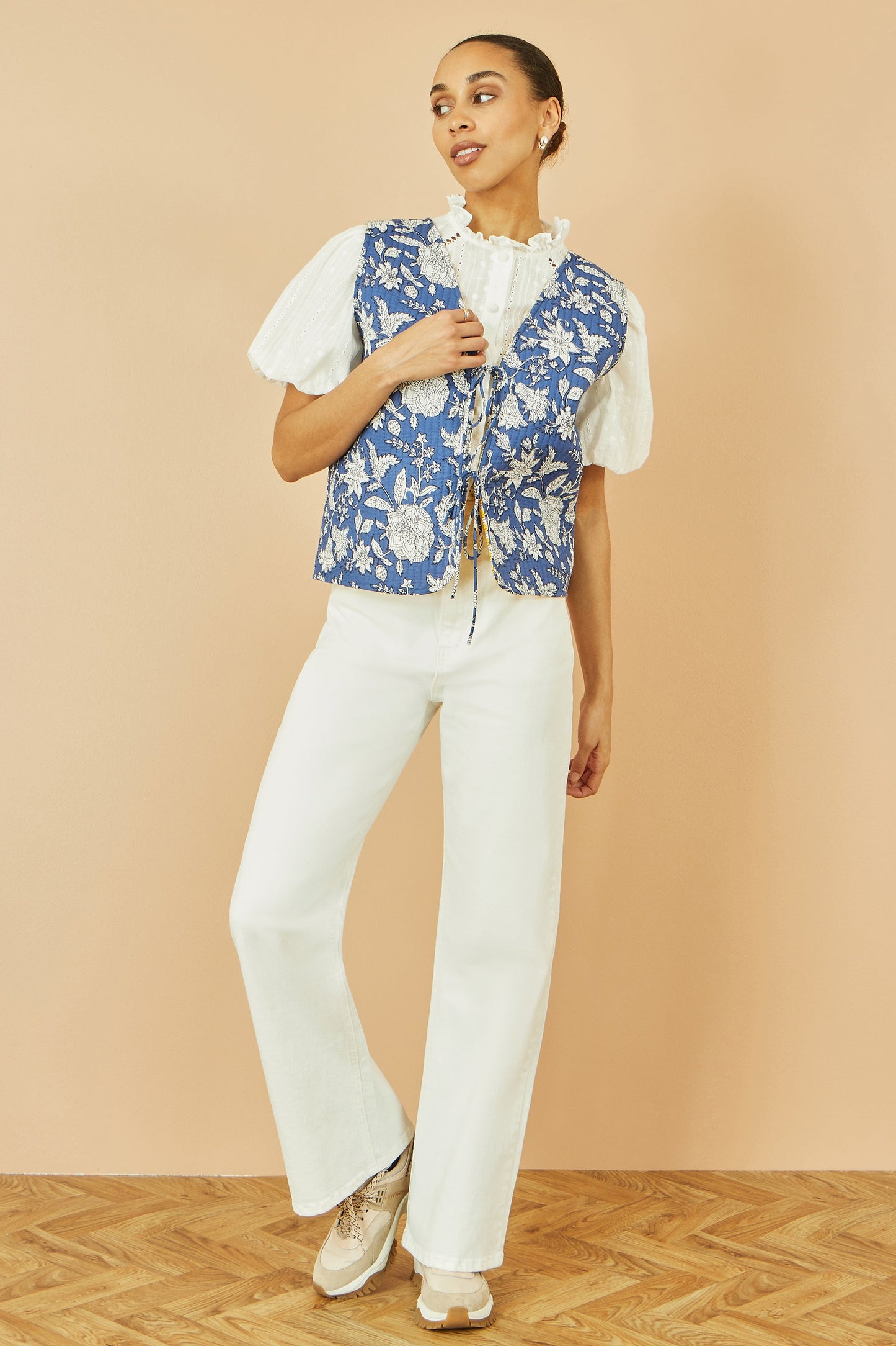 Yumi Blue Floral Reversible Cotton Quilted Waistcoat