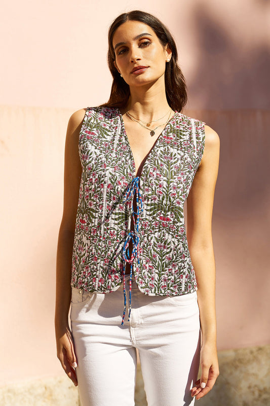 Yumi Blue Flower Reversible Cotton Quilted Waistcoat