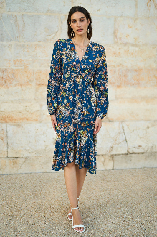 Yumi Blue Butterly Floral Tie Knot Front Long Sleeve Midi Dress
