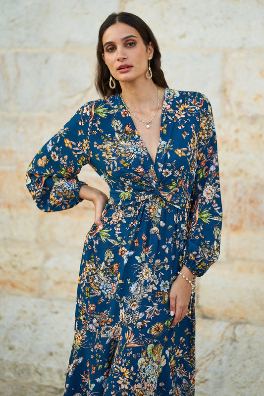Yumi Blue Butterly Floral Tie Knot Front Long Sleeve Midi Dress