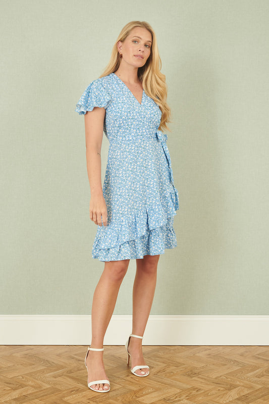 Yumi Blue Ditsy Floral Wrap Frill Dress