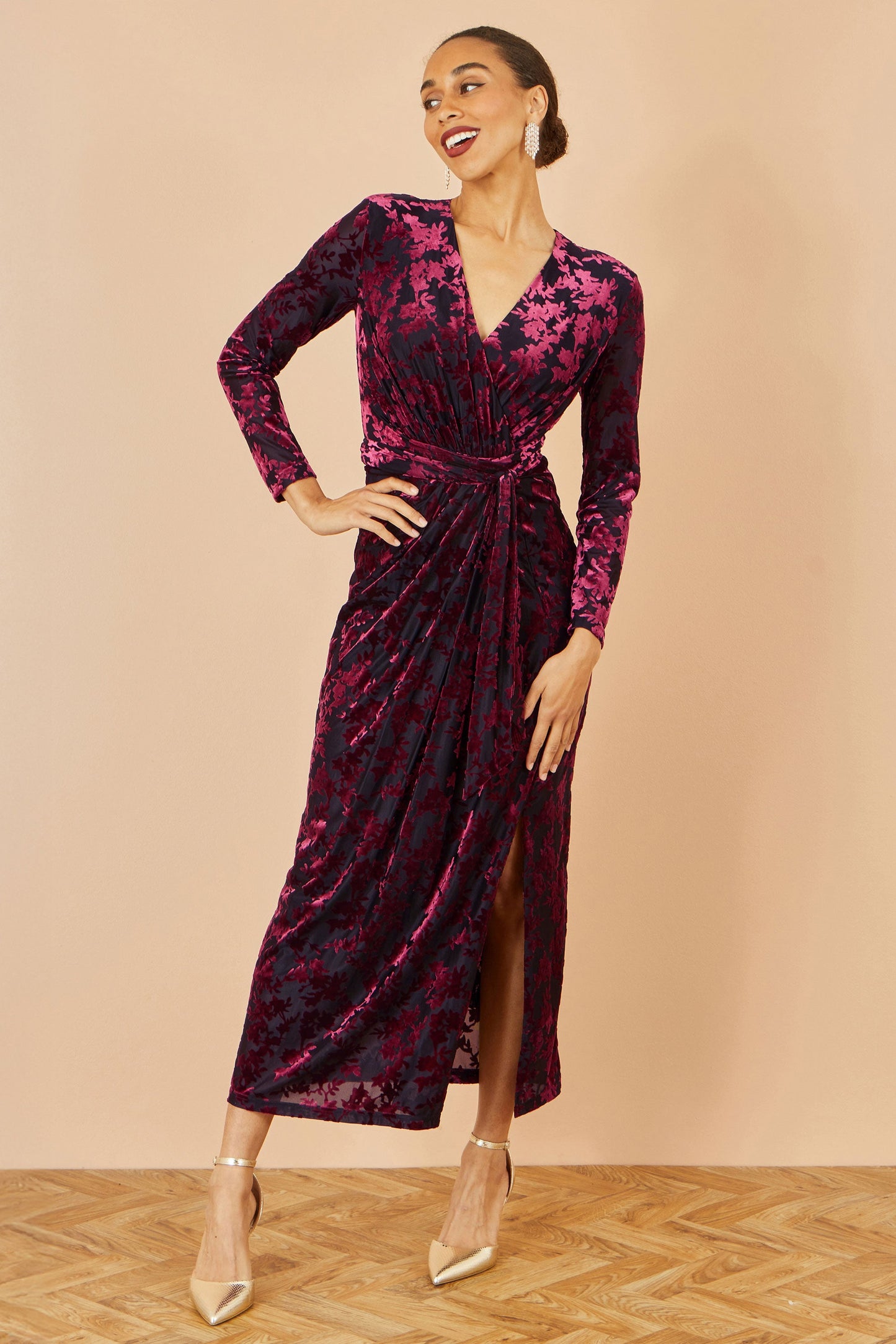 Yumi Burgundy Velour Stretch Midi Dress With Long Sleeves