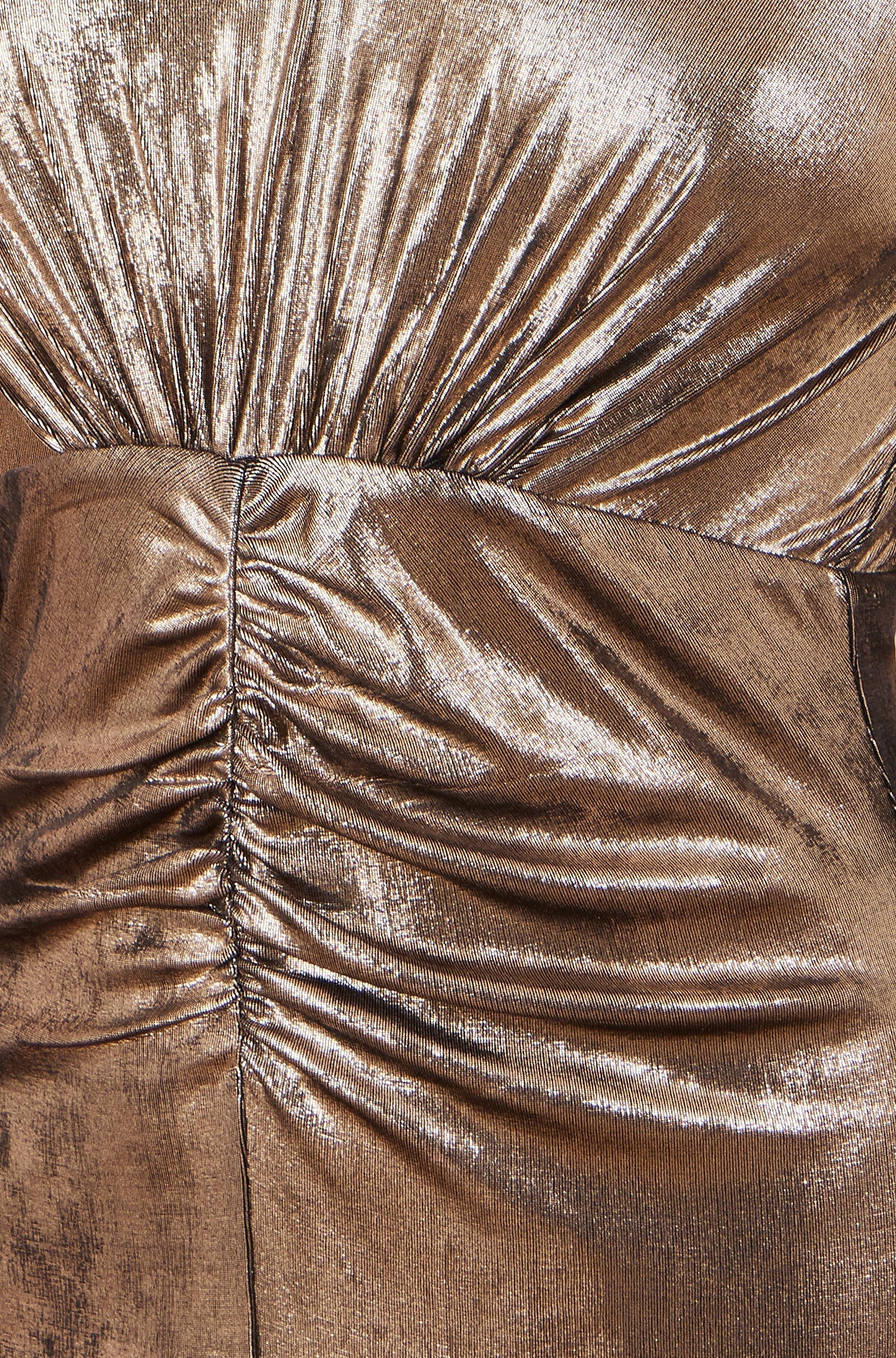 Yumi Gold Metallic Stretch Ruched Maxi Dress With Long Sleeves And Split Hemline