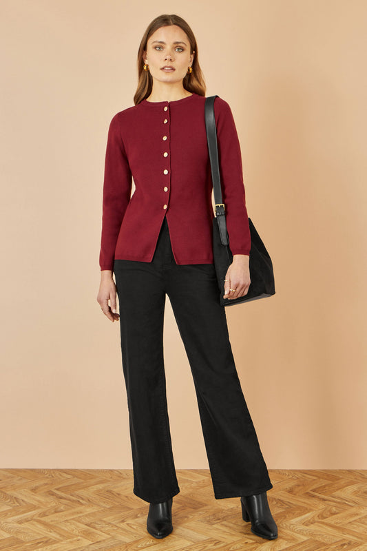 Yumi Burgundy Knitted Fitted Button Down Peplum Cardigan