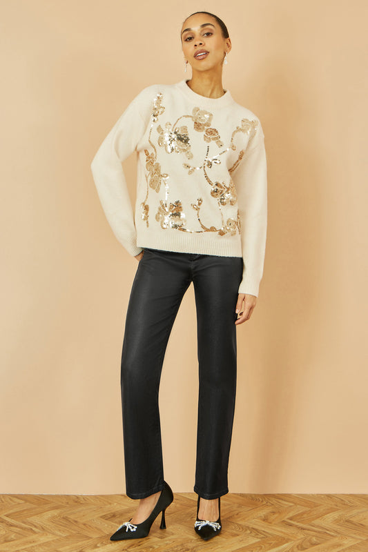 Yumi Cream Relaxed Knitted Jumper With Sequin Detail