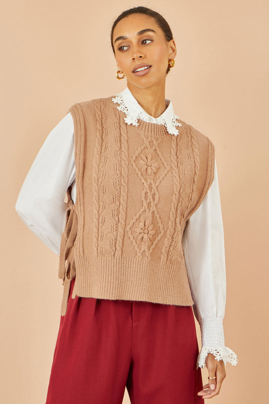 Yumi Camel Flower Cable Knit Tie Side Pullover
